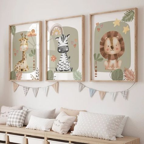 GigglingGooseDesigns - Etsy UK Nursery Art Ideas, Green Nursery Wall, Sage Green Nursery, Safari Nursery Wall, Small Baby Room, Safari Nursery Wall Art, Newborn Room, Kids Shared Bedroom, Nursery Boho