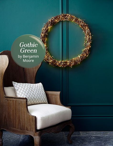 HueWeLove-Gothic-Green-BenjaminMoore-HH_DE15 Benjamin Moore Gothic Green, Beau Green Benjamin Moore, Art Deco Inspired Living Room, Emerald Green Paint, Gothic Green, Teal Paint Colors, Bedroom Revamp, Cafe Lounge, Blue Green Paints