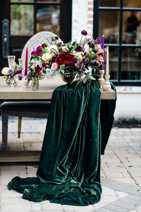 Plum, magenta, and apricot wedding with dark green velvet table runner | Sweet Plum, Magenta, and Apricot Styled Wedding Shoot at The Peach Orchard by Rachel Driskell Photography | Photo: Rachel Driskell Photography | #velvettablerunner #peacockgreen #weddingdecor #darkgreenvelvet #greenwedding #purplewedding #weddinginspo #weddingphotography Forest Green Bridesmaid Dresses, Eggplant Wedding, Velvet Table Runner, Dark Purple Wedding, Forest Green Wedding, Dark Green Wedding, Velvet Table, Magenta Wedding, Plum Wedding