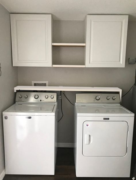 Farmhouse Laundry Room - Laundry Room Storage Solution Shelving Above Washer And Dryer, Laundry Room Storage Solutions, Laundy Room, Laundry Room Storage Shelves, Small Laundry Room Organization, Tiny Laundry Rooms, Bilik Air, Room Storage Diy, Laundry Room Shelves