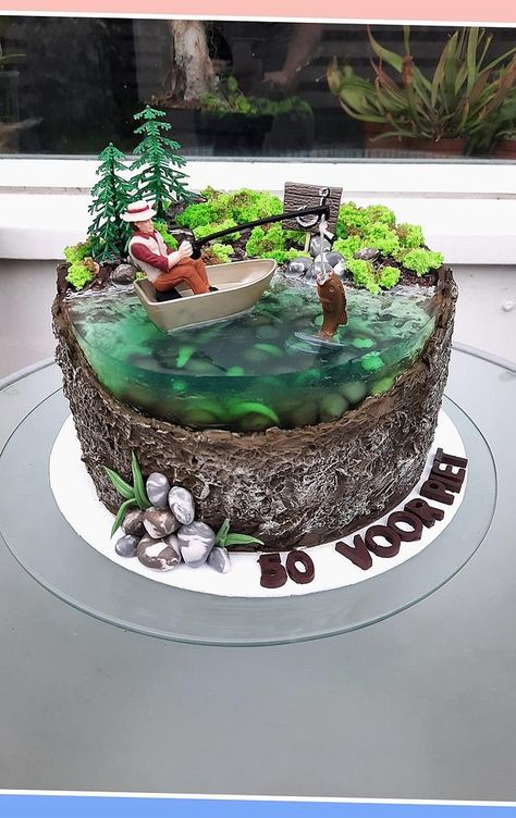 Cake For Fisherman, Cake Fisherman, Fisherman Cake, Lake Cake, Birthday Beer Cake, Fishing Cake, Modern Birthday Cakes, Island Cake, Cake Style