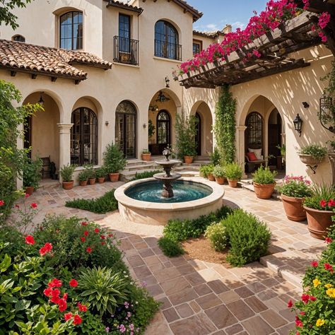 Mexican House Exterior, Hacienda Style Homes Mexican, Garden With Fountain, House With A Garden, Open Courtyard, Mediterranean Courtyard, Concrete Homes, Hacienda Homes, Houses In Mexico