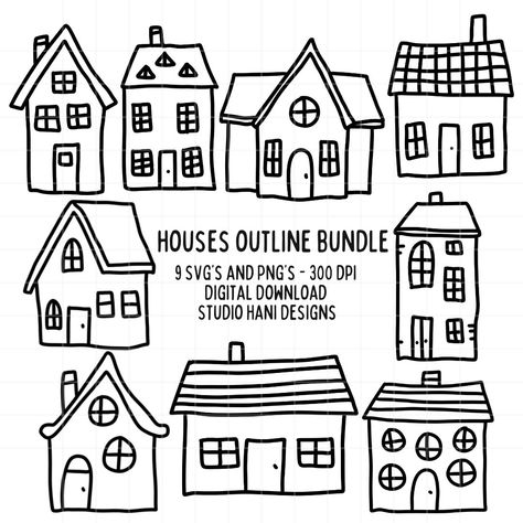 Cottage Outline Drawing, Houses Doodle, Doodle Houses, Doodle Black And White, House Doodle, House Outline, Black And White Outline, Vintage Houses, House Clipart