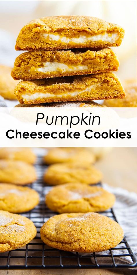 These pumpkin cheesecake cookies are the ultimate fall cookie, they are a chewy pumpkin cookie that is filled with a surprise silky cream cheese filling in the center. They're unlike any pumpkin cookie you've made before, and you'll want to make them again, and again. Pumpkin Cheesecake Thumbprint Cookies, Cream Cheese Filled Pumpkin Cookies, Pumpkin Cheesecake Snickerdoodles, Pumpkin Cheesecake Cookies, Cream Cheese Cookie Recipe, Sweet Potato Cookies, Cinnamon Cheesecake, Cookie Balls, Pumpkin Cookie Recipe