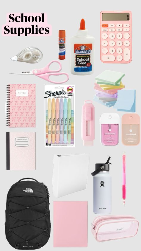 School supplies School Supplies 6th Grade Girl, Organized School Supplies, School Supplies Theme Ideas, Senior School Supplies, Back To School Aesthetic Supplies, Aesthetic School Supply, 7th Grade School Supplies List, Aesthetic School Stuff, Back To School Supplies Aesthetic