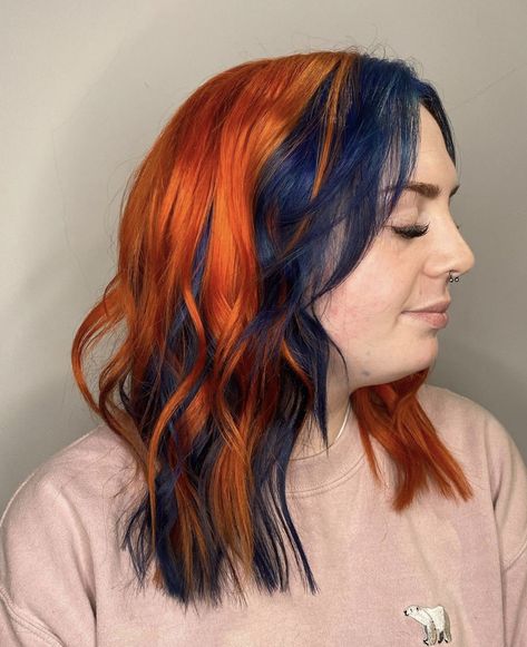 Ginger Blue Hair, Orange Hair Color Ideas, Red Hair Streaks, Burnt Orange Hair, Orange Hair Color, Blue Hair Highlights, Cheveux Oranges, Red Hair Color Ideas, Cherry Red Hair