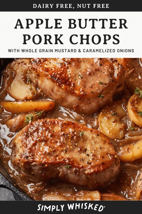 These pork chops are browned with apple butter, whole grain mustard and deliciously caramelized onions. With only 5 ingredients, this quick and easy recipe is a perfect weeknight meal. Crockpot Apple Butter Pork Tenderloin, Apple Butter Pork Chops Baked, Pork Chop Murphy Recipe, Brown Butter Pork Chops, Apple Butter Glazed Pork Chops, Butterfly Chops Recipe, Pork Chops With Apples And Onions, Apple Glazed Pork Chops, Pork Chops And Apples Recipes