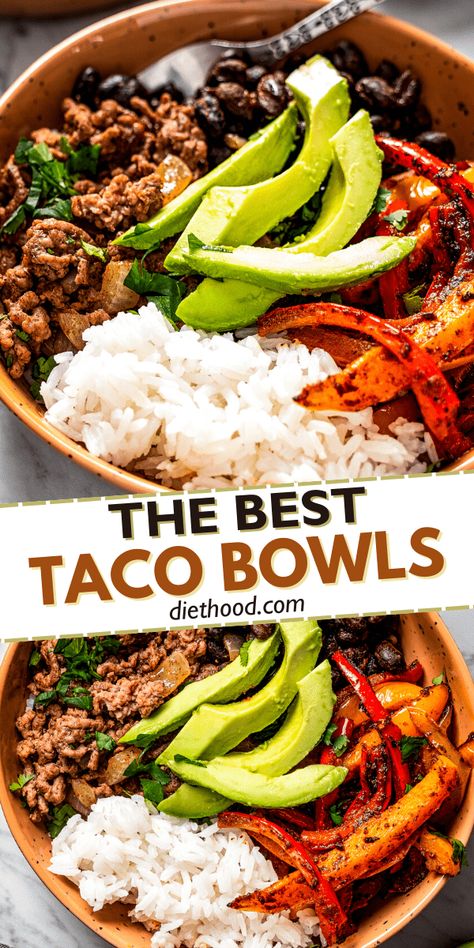 These quick and easy taco bowls are chock-full of perfectly seasoned ground beef, veggies, and beans served over rice and topped with avocado and fresh cilantro. They are the perfect all-in-one meal. Homemade Salad Dressing Healthy, Seasoned Ground Beef, Healthy Bowls Recipes, Healthy Ground Beef, Ground Beef Recipes Healthy, Rice Bowls Recipes, Healthy Tacos, Taco Bowls, Healthy Bowls