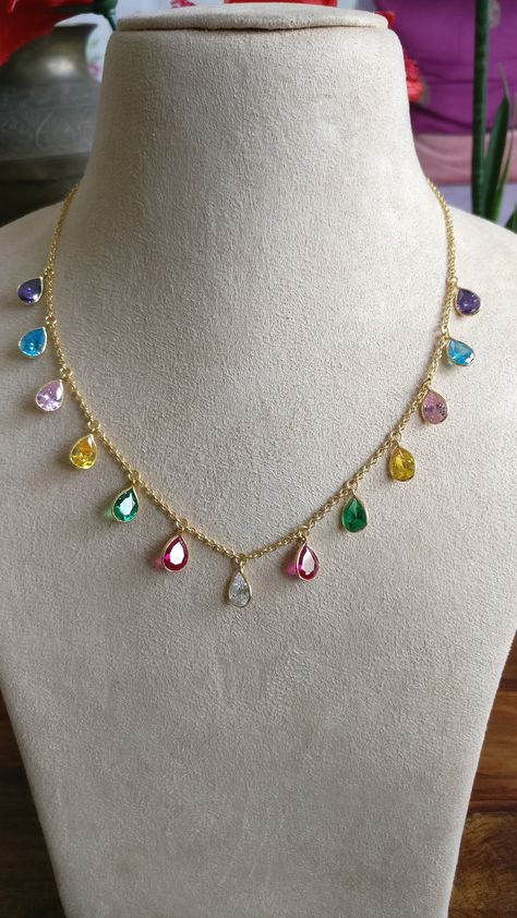 "Pear shape cut multi color stones necklace/chain, stones are are all best AAA quality cubic zirconia, colors of stones we chose are exact colors resembling natural precious and semi precious stones. Stones Size 8 MM x 6 MM Chain Length is adjustable from 16\" inches to 18\" inches Chain is available in two color variations of plating, yellow gold filled or white gold plated, select whichever you want to buy. We can also customize this chain according to color choice and combinations you want, m Durga Jewellery, Beaded Wedding Jewelry, Small Gold Necklace, Geometry Formulas, Gem Beads, Neck Pieces Jewelry, Chain Necklace Silver, Antique Necklaces Design, Beads Designs