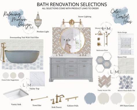 Interior Design E-design Bathroom Mood-boardtile Design | Etsy Restauration Hardware, Mood Board Interior, Farmhouse Interior Design, Bath Renovation, Coastal Bathrooms, Bathroom Tile Designs, Spa Design, Renovation Design, Interior Design Mood Board