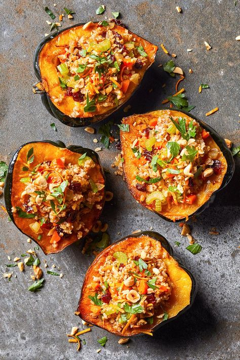 Bulgur-Stuffed Acorn Squash Thanksgiving Squash Recipes, Thanksgiving Squash, Vegetarian Thanksgiving Main Dish, Thanksgiving Main Dish, Thanksgiving Mains, Vegetarian Thanksgiving Recipes, Acorn Squash Recipes, Christmas Dinner Menu, Vegetarian Thanksgiving