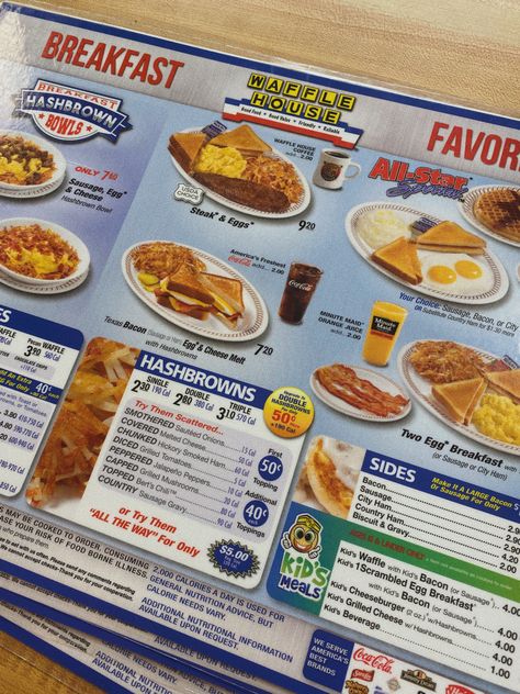 #waffles #menu #vintagevibes Hashbrown Bowl, Waffle House Menu, Waffle House, Vintage Aesthetic, Waffles, Steak, Bacon, Cheese, Bowl