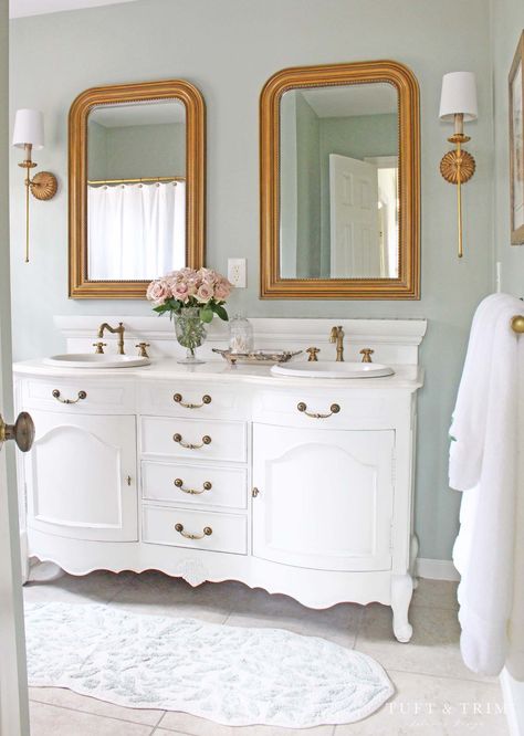 Bathroom Makeover with French Green & Antique Gold - Tuft & Trim Painted Small Bathroom, French Blue Bathroom, Pale Green Bathroom, French Provincial Bathroom Vanity, Light Green Bathroom, French Country Bathrooms, French Provincial Bathroom, Parisian Bathroom, Hone Decor