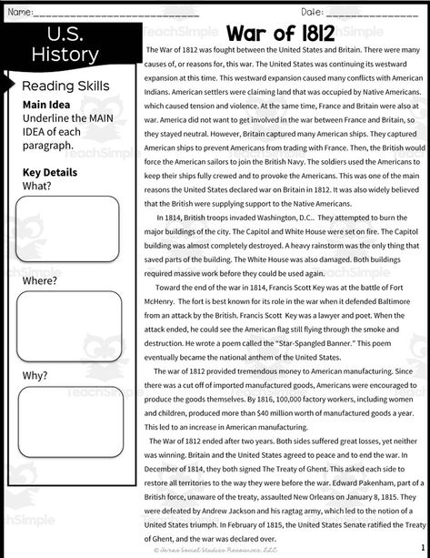 This resource is a War of 1812 Reading Packet.This is a great no prep resource that all you have to do is print and go!Students will love learning history as they read an informative passage and apply vocabulary terms.Worksheets included such as multiple-choice questions and graphic organizers will allow them to show what they know.These work well for social studies or reading instruction.Answer keys included. Learning History, Social Studies Lesson Plans, History Worksheets, Teaching 5th Grade, Social Studies Worksheets, Guided Reading Groups, Social Studies Activities, Social Studies Lesson, Glamour Nails