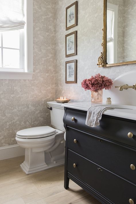 Jenna Sue Design, Jenna Sue, Fall Home Tour, Black Vanity, Furniture Office, Powder Bath, Fall Home, Guest Bathroom, Home Tour