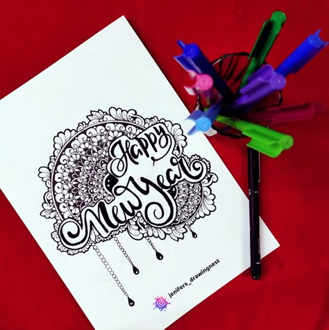 New Year Drawing Ideas 2023, Happy New Year Mandala Art, New Year Mandala Art 2024, New Year Doodle Art, New Year Drawing 2023, New Year Mandala Art, Happy New Year Drawing Ideas, New Year Sketch, Happy New Year Drawing