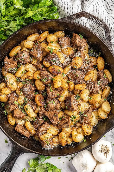 Meals With Gnocchi Dinners, Garlic Butter Steak Bites And Gnocchi, Gnocchi And Steak Recipe, Gnocchi Recipes Steak, Dishes With Gnocchi, Blackstone Gnocchi, Soups With Steak, Quick And Easy Gnocchi Recipes, Steak Gnocchi Recipes