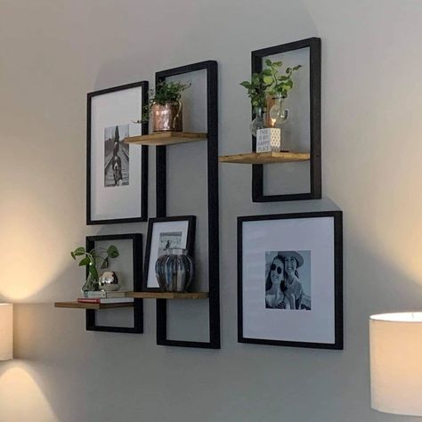 We live for these! - Customer Cam 📷 Our customer sent over some pics of the 5pc Custom Framed Shelves ordered from us and did an absolute … | Instagram Shelves With Photo Frames, Accent Shelf Decor, Floating Shelves And Mirror Wall Decor, Unique Photo Frame Ideas Creative, Empty Wall Decor, Pretty Dorm Room, Niche Decor, Creative Photo Frames, Shelf Decor Living Room