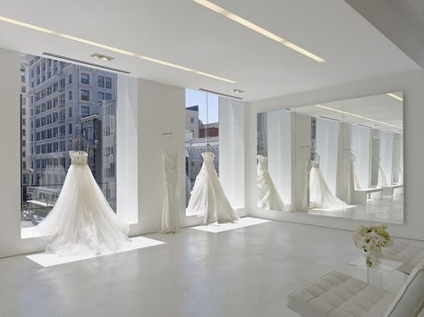 San Francisco brides are a lucky bunch. Big spenders can waltz into Vera Wang or Marina Morrison for a Vogue-worthy dress without leaving the city. Budget brides have salons like the ever-reliable G... Bridal Shop Interior, Bridal Shop Ideas, Bridal Boutique Interior, Bridal Showroom, Wedding Salon, Custom Wedding Gown, Miniature Ideas, Dress Display, Wedding Dress Boutiques