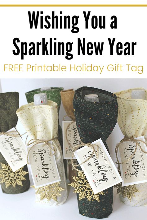 examples of sparkling cider bottles in cloth bags with gift tags tied on with twine and a gold snowflake ornament. New Year's Eve Activities, Holiday Gift Tags Printable, Hot Chocolate Gifts, Happy New Year Gift, Sparkling Cider, Sparkle Gift, New Year's Eve Celebrations, Gift Tags Diy, Tags Printable