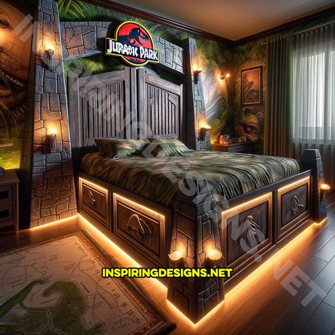 Jurassic Bedroom, Preteen Boys Bedroom, Dinosaur Bed, Jurassic Park Gate, Ultimate Bedroom, Hunter Room, Mesozoic Era, Dinosaur Bedding, Dreamscape Architecture