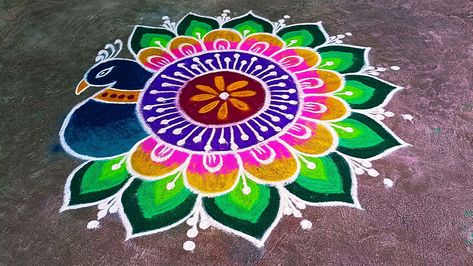 easy peacock rangoli design Panchuka Rangoli, Peacock Kolam Design, Roopchaudas Rangoli, Rangilo Design Easy, Simple Big Rangoli Designs, Peacock Rangoli Designs Diwali Latest, Kanha Rangoli, Roop Chaudas Rangoli, Rangoli Peacock Design