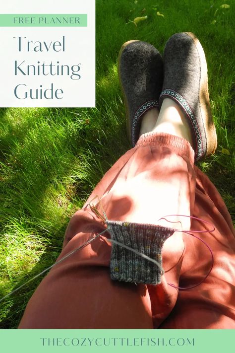 partially knit sock on lap. legs crossed and outstretched with orange pants and grey clog shoes on feet. legs are resting in sun dappled grass with teal, white, black and brown bag sitting next to the lap on the grass Travel Knitting, Free Planner, How To Knit, Free Travel, On Vacation, Knitting Projects, Yarn, Knitting, Travel