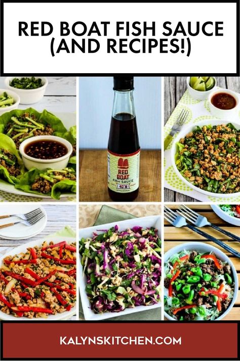 "Pinterest Image of Red Boat Fish Sauce (and Recipes!) showing fish sauce and five different recipes using sauce in various serving dishes with different backgrounds." Red Boat Fish Sauce Recipes, Recipes Using Fish Sauce, Recipes With Fish Sauce, Best Gluten Free Recipes, Keto Recipe, Fabulous Foods, Asian Dishes, Fish Sauce, Low Sodium