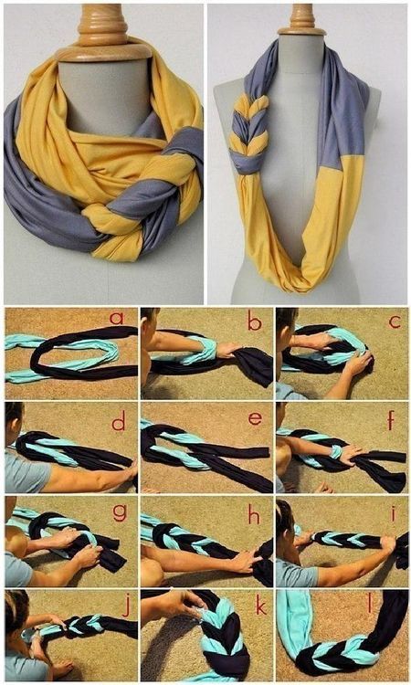 DIY Double Scarf DIY Project would be cute to make in college colors! Gamle T Shirts, Scarf Diy, Sending Mail, Friend Ideas, Tie A Scarf, Diy Fashion Projects, Braided Scarf, Youth Activities, Scarf Tutorial