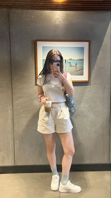 white beige summer outfit coffee latte errand uniqlo chino shorts hello kitty tshirt Beige Sweat Shorts Outfit, Beige Short Pants Outfit, Beige Sweatshorts Outfit, Simple Errands Outfit, Off White Shorts Outfit, Korean Outfits With Shorts, Summer Outfits Thailand, Celana Pendek Outfit, Beige Shorts Outfit Aesthetic