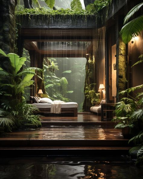 Aranya Rainforest Villa by Mohammad Hoss|Visualization House Design Forest, Modern Nature House, Forest House Design, Forest House Interior, Rainforest House, Modern Forest House, Bali Architecture, Tropical Villa, House In The Forest