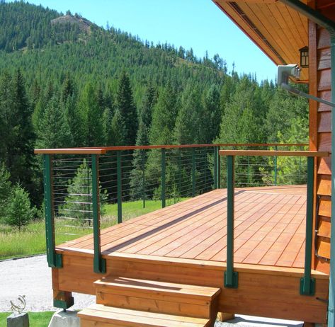 Log Cabin Decks, Log Cabin Deck Railing Ideas, Cabin Deck Railing Ideas, Log Cabin Deck, Cabin Railing, Cabin Decks, Rustic Deck, Outside Steps, Cabin Deck