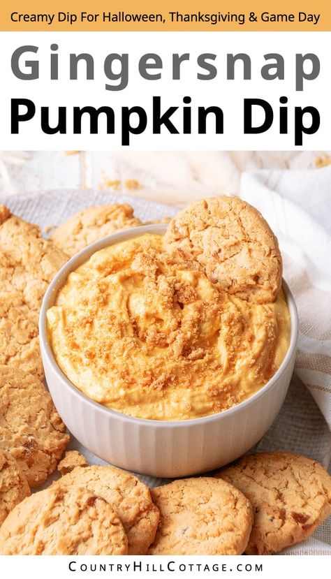 Pumpkin dip with ginger snaps is a quick fall dessert! Made with 5 ingredients and 10 minutes prep time, this creamy, fluffy sweet dip tastes like pumpkin pie. And while it's light on effort, it doesn't skimp on flavor and texture. Full of delicious pumpkin and cozy spices, it's a great treat for fall parties, potlucks, Halloween, Thanksgiving and game day! Serve with ginger cookies, graham cracker and apples. Make variations with brown sugar, maple syrup and yogurt. | CountryHillCottage.com Pumpkin Dip For Ginger Snap Cookies, Ginger Snap Apple Pie, Ginger Snaps Recipe Desserts, Ginger Snap Dip, Dip For Ginger Snap Cookies, Pumpkin Dip With Ginger Snaps, Dip For Ginger Snaps, Pumpkin Spice Dip Recipe, Pumpkin Spice Dip