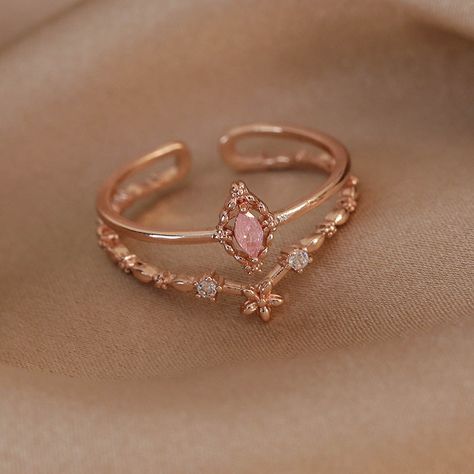 📌 Please Note: When adjusting the ring, please squeeze or expand the ring body slowly and gently. 💎 Materials: 14k Rose Gold Electroplated - more durable than regular platings Cubic Zirconia 📐 Size: Adjustable Open Design - Size 6+ Girly Engagement Ring, Cute Aesthetic Rings, Wedding Ring Rose Gold, Rose Gold Jewellery, Rose Gold Rings, Rose Gold Wedding Ring, Tiara Ring, Cute Ring, Pretty Jewelry Necklaces