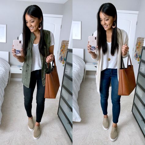 Casual Spring Outfits with Taupe Slip-on Sneakers Business Casual Sneakers, Sneakers Outfit Spring, Wedge Sneakers Outfit, Sneakers Outfit Work, Sneakers Outfit Casual, Sneaker Outfits Women, Everyday Casual Outfits, Spring Work Outfits, Office Casual Outfit