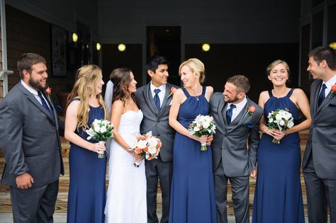 Wedding Party in Navy and Charcoal Gray Navy Bridal Parties, Gray Wedding Party, Bridal Colors, Charcoal Wedding, Groomsmen Grey, Wedding Parties Colors, Bridesmaids Groomsmen, Grey Bridesmaids, Wedding Party Outfits