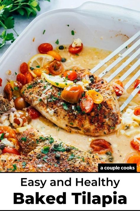 This baked tilapia recipe is bursting with flavor! Pair the fish with lemon, tomatoes and feta for a impressive yet easy dinner. #bakedtilapia #tilapia #tilapiarecipe #bakedfish #healthydinner #healthyrecipe #easyrecipe #easydinner #fish Dinner Recipes Tilapia, Dinner Easy Healthy, Tilapia Recipes Healthy, Tilapia Recipes Easy, Baked Tilapia Recipes, Tilapia Recipe, Winter Salad Recipes, Salad Dressing Recipes Healthy, Recipes Fish