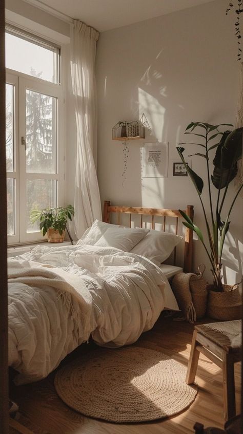 Bedroom Ideas Clean Aesthetic, Daybed Room Ideas Small Bedrooms, Lived In Bedroom Aesthetic, Aesthetic Small Bedroom Ideas Cozy, Minimalistic Aesthetic Bedroom, Minimalist Earthy Bedroom Ideas, Antique Dorm Room, Tiny Apartment Bedroom Ideas, One Bedroom Apartment Ideas Home Decor