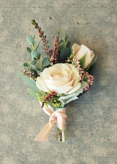 Cream spray roses with calcynia and eucalyptus Spray Rose Boutonniere, Spray Roses Boutonniere, Green Boutonniere, White Corsage, Pink Boutonniere, Prom Corsage And Boutonniere, White Boutonniere, Rose Boutonniere, Corsage And Boutonniere