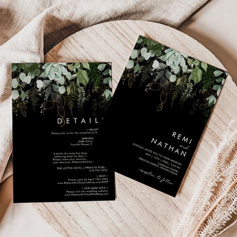 Greenery And Gold Leaf Black All In One Invitation #zazzle #weddinginvitations #birthdayinvitations #babyshowerinvitations #zazzleinvitations #monogram #businesscards #graduation #homedecor Forest Green Wedding, Dark Green Wedding, Rustic Save The Date, Forest Theme Wedding, Green Themed Wedding, Emerald Green Weddings, Rustic Save The Dates, Eucalyptus Leaf, Sage Wedding