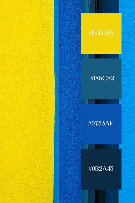 This vibrant blue and yellow color palette is bold and energetic. The combination of deep blues and bright yellows creates a striking contrast, evoking feelings of joy and vitality. The palette's clear, vivid hues are reminiscent of sunny skies and festive celebrations, making it perfect for dynamic and lively designs. Blue Yellow Green Color Palette, Bright Blue Color Palette, Yellow Blue Color Palette, Blue Yellow Color Scheme, Blue And Yellow Colour Palette, Blue Yellow Color Palette, Blue And Yellow Palette, Contrast Colour Combination, Blue And Yellow Logo