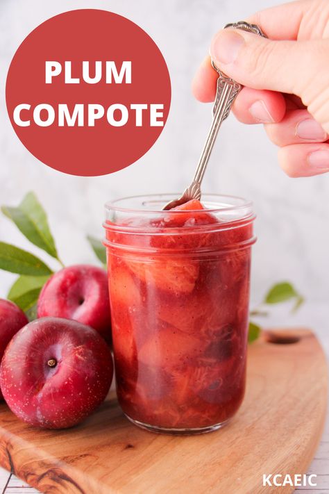 Spooning some fresh plum compote out of a glass jar with fresh plums to the side. Plum Compote Healthy, Uses For Plums, Plum Compote Recipes, Gooseberry Compote, Stewed Pears, Sugar Plum Recipes, Plum Compote, Pear Compote, Canned Plums