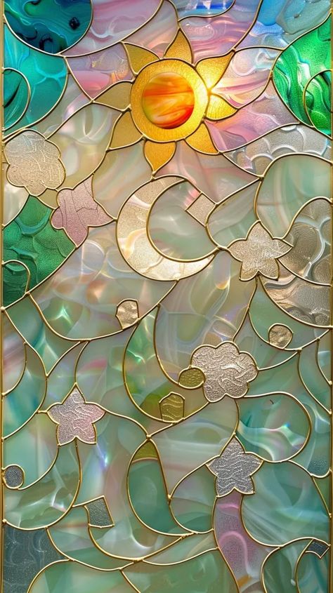 Midjourney AI Image: stained glass star shapes, moon shape, cloud shapes made of light green, light blue, pink, opal colo... → more in ai-img-gen.com Clouds And Flowers, Stained Glass Star, Sun Clouds, Glass Stars, Cloud Shapes, Moon Shapes, Stained Glass Window, Blue Accents, Stained Glass Windows