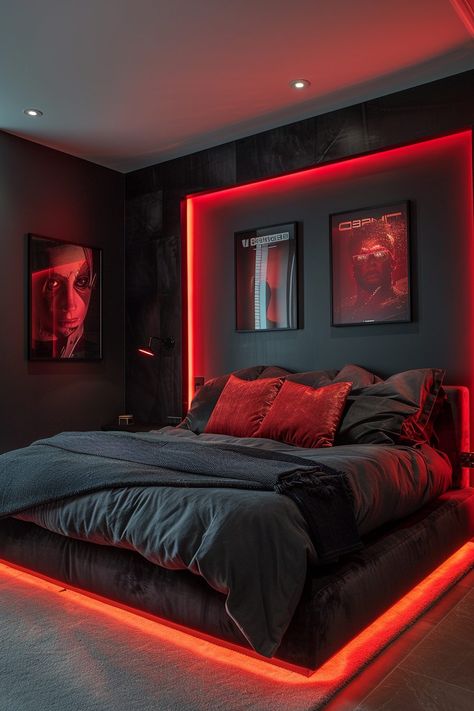 29 Baddie Bedroom Ideas to Unleash Your Inner Glam 23 Rooms With Black Carpet, Room For Men Ideas, Men Rooms Ideas, Masculine Black Bedroom, Sleek Black Bedroom, Modern Neutral Bedroom Design, Red Black And Grey Bedroom Ideas, Dark Themed Room Ideas, Men’s Bed Frame