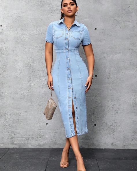 ✨Pre-order only, S(8) - XXL(18)✨ Denim Gown Jean Dresses, Jean Gown Styles, Jeans Gown, Fitted Denim Dress, Shirt Gown, Modest Winter Outfits, Nyc Winter Outfits, Combination Dresses, Short Sleeve Denim