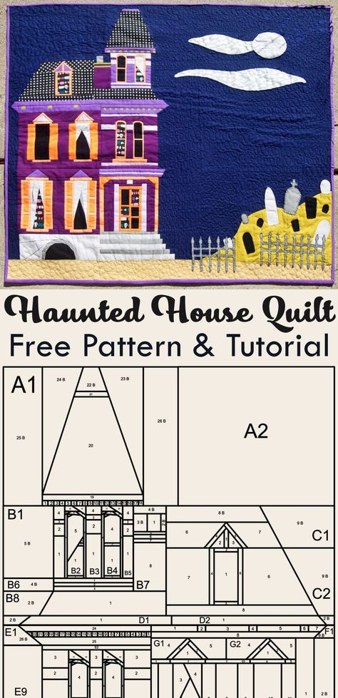 Haunted House Quilt Patterns, House Quilt Patterns Paper Piecing, Epp Halloween Quilt, Halloween Scrap Quilt, Witch Hat Quilt Block Pattern Free, Halloween House Quilt, Halloween Paper Piecing Patterns Free, Halloween Quilt Projects, House Quilts Patterns Free