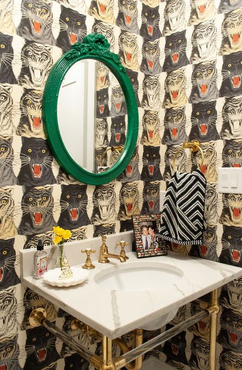 A designer’s St. Louis home is PACKED with color, pattern, and bold decor inspiration — down to the Gucci bathroom wallpaper. #bathrooms #bathroomideas #bathroomwallpaper #gucci Stile Boho Chic, Bold Decor, Colors Schemes, Bathroom Decor Ideas Colors, Bold Wallpaper, Half Bathroom, Bathroom Trends, Farmhouse Bathroom Decor, Bathroom Wallpaper