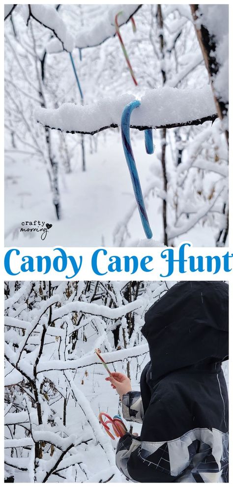 Go on a Candy Cane Hunt- christmas kids winter activity outside. Outdoor snow kids activities. Fun candy cane hiding game. Winter outdoor game for toddlers, kids, young kids. easy Candy Cane Hunt, Outdoor Games For Toddlers, Preschool Outdoor Activities, Winter Activities For Toddlers, Outdoor Christmas Party, Diy Christmas Gifts For Kids, Game For Toddlers, Winter Play, Fun Christmas Party Games