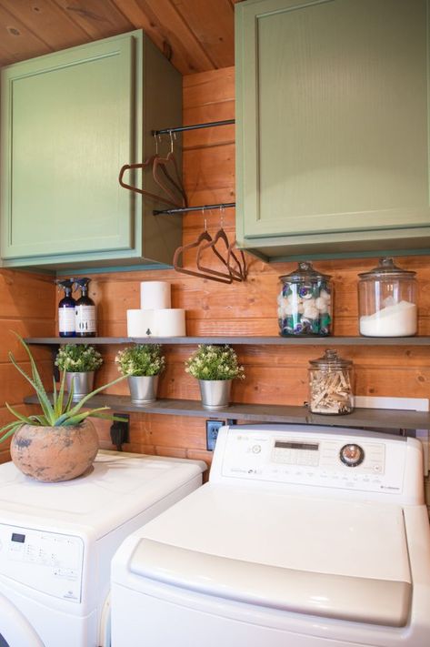 Small Laundry Room With Open Shelves and Painted Cabinets in Privilege Green From Sherwin Williams Laundry Room Ideas Farmhouse, Cabin Laundry Room, Privilege Green, Shelves Laundry Room, Room Ideas Farmhouse, Reading Spaces, Small Laundry Room Ideas, Laundry Room Storage Shelves, Laundry Room Closet