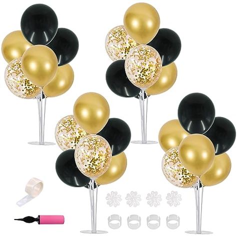 Gold Balloon Centerpieces, Black Gold Party Decorations, Table Balloons, Balloon Table Decorations, Balloons Stand, Black And Gold Party Decorations, 70th Birthday Decorations, Black And Gold Balloons, Gold Confetti Balloons